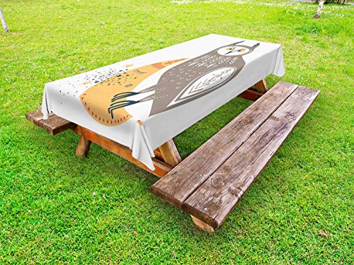 ABAKUHAUS Cartone Animato Tovaglia da Esterno, Saggezza Owl Crescent, Tovaglia da Picnic Lavabile Decorativa, 145 cm x 305 cm, Multicolore