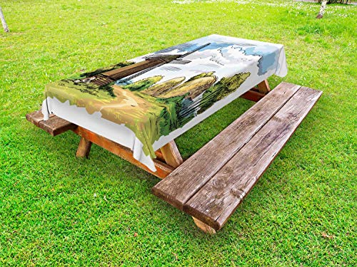 ABAKUHAUS Nazione Tovaglia da Esterno, Windmill Alberi mucchi di Fieno, Tovaglia da Picnic Lavabile Decorativa, 145 cm x 305 cm, Multicolore