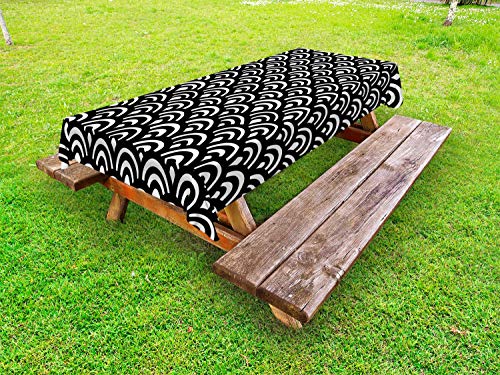 ABAKUHAUS Astratto Tovaglia da Esterno, Giapponesi Waves Seigaiha, Tovaglia da Picnic Lavabile Decorativa, 145 cm x 265 cm, Charcoal Grey And White