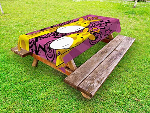 ABAKUHAUS Giraffa Tovaglia da Esterno, Cartoon Animali Starburst, Tovaglia da Picnic Lavabile Decorativa, 145 cm x 305 cm, Scuro Magenta e Giallo