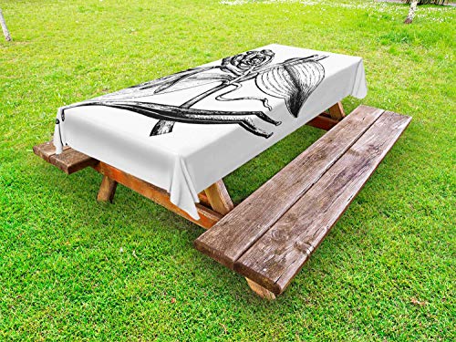 ABAKUHAUS Vaniglia Tovaglia da Esterno, Inciso Flower Art Vintage, Tovaglia da Picnic Lavabile Decorativa, 145 cm x 210 cm, Charcoal Grey And White