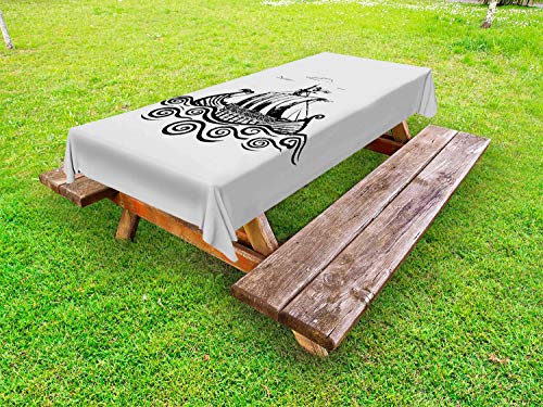 ABAKUHAUS Vichingo Tovaglia da Esterno, Nave con Whirlpool Waves, Tovaglia da Picnic Lavabile Decorativa, 145 cm x 210 cm, Pallido Grigio Antracite