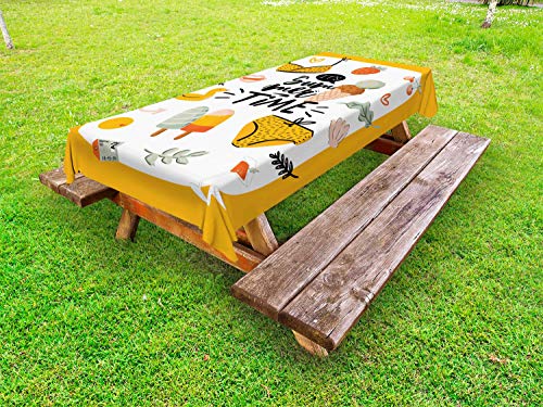 ABAKUHAUS Estate Tovaglia da Esterno, Vivid Vacanze Doodle, Tovaglia da Picnic Lavabile Decorativa, 145 cm x 265 cm, Calendula e Multicolore
