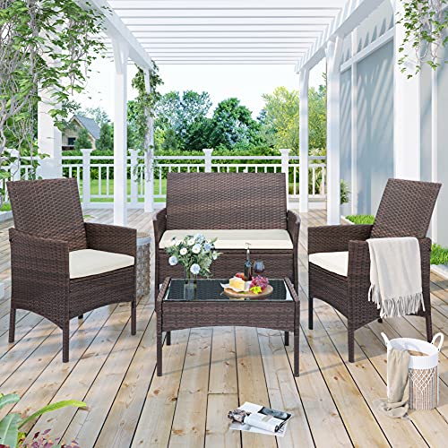 Topchances, set di mobili da giardino per 4 persone, tavolo da giardino e sedie da giardino, mobili da veranda, sedie in rattan, divano per patio, balcone, set da 4
