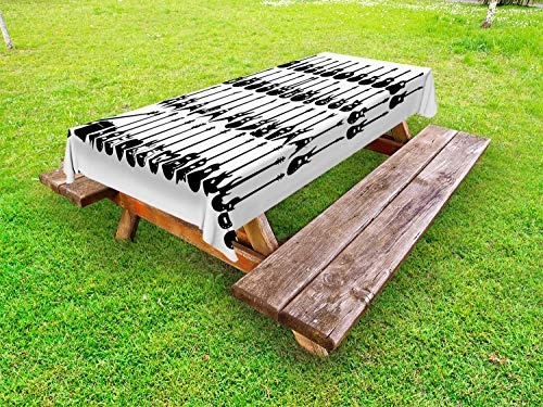 ABAKUHAUS Chitarra Tovaglia da Esterno, Vari Elementi Monotone, Tovaglia da Picnic Lavabile Decorativa, 145 cm x 210 cm, Charcoal Grey And White