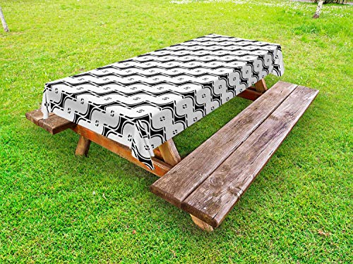 ABAKUHAUS Astratto Tovaglia da Esterno, Diagonali Abstract Waves, Tovaglia da Picnic Lavabile Decorativa, 145 cm x 210 cm, Charcoal Grey And White