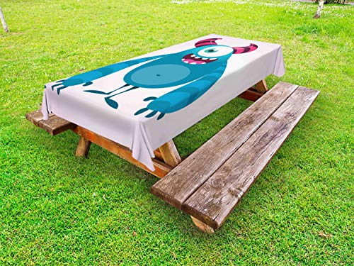 ABAKUHAUS Alieno Tovaglia da Esterno, Creatura Sorridente con i corni, Tovaglia da Picnic Lavabile Decorativa, 145 cm x 265 cm, Baby Pink Scuro Turchese