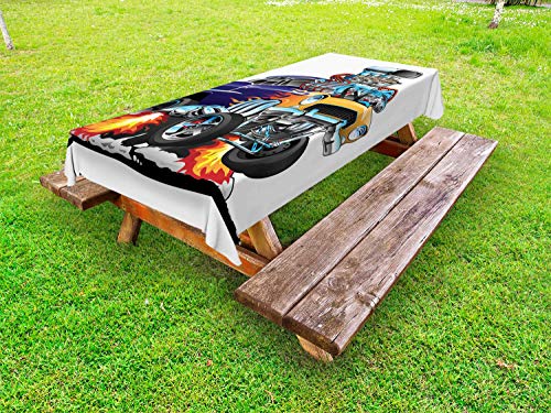 ABAKUHAUS Macchina da Corsa Tovaglia da Esterno, Rod Caldo con Le Fiamme, Tovaglia da Picnic Lavabile Decorativa, 145 cm x 305 cm, Multicolore