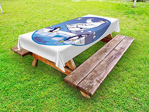 ABAKUHAUS Funny Bear Tovaglia da Esterno, Pinguini Arctic Impostazione, Tovaglia da Picnic Lavabile Decorativa, 145 cm x 265 cm, Indigo Ceil Blu e Bianco