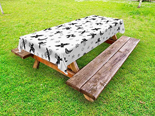 ABAKUHAUS Cielo Tovaglia da Esterno, Uccelli Astratti Stars Crescent, Tovaglia da Picnic Lavabile Decorativa, 145 cm x 305 cm, Charcoal Grey And White