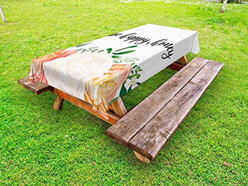 ABAKUHAUS Floreale Tovaglia da Esterno, Essere Segno Felice Miele e Rose, Tovaglia da Picnic Lavabile Decorativa, 145 cm x 305 cm, Bianco Multicolor