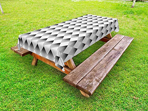 ABAKUHAUS Astratto Tovaglia da Esterno, Mezzitoni Piazze Rhombus, Tovaglia da Picnic Lavabile Decorativa, 145 cm x 305 cm, Bianco Charcoal Grey