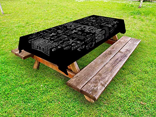 ABAKUHAUS Amsterdam Tovaglia da Esterno, Doodle Disegni di Viaggio, Tovaglia da Picnic Lavabile Decorativa, 145 cm x 265 cm, Charcoal Grey And White