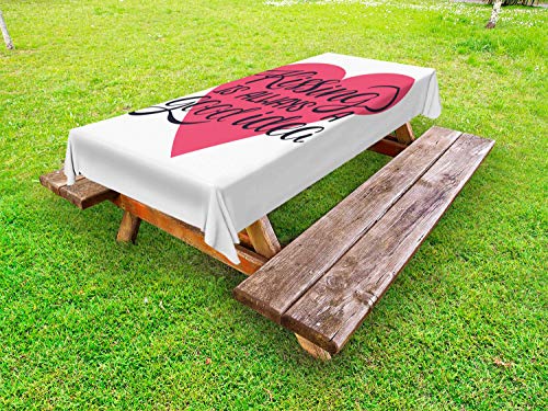 ABAKUHAUS Baciare Tovaglia da Esterno, Romantico Tema Lettering, Tovaglia da Picnic Lavabile Decorativa, 145 cm x 305 cm, Rosa Blu Scuro Grigio e Bianco