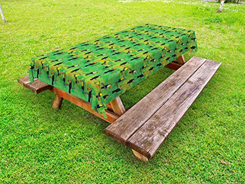 ABAKUHAUS Foresta Tovaglia da Esterno, Tucani Tropicali sulla Foglie, Tovaglia da Picnic Lavabile Decorativa, 145 cm x 265 cm, Fern Verde Lime Green