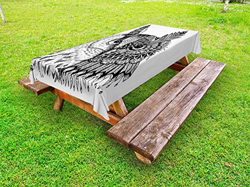 ABAKUHAUS Owl Stampa Tovaglia da Esterno, 2 Animal Faces Design, Tovaglia da Picnic Lavabile Decorativa, 145 cm x 305 cm, Charcoal Grey Bianco