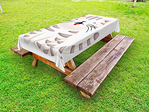 ABAKUHAUS Gatto Tovaglia da Esterno, Felice del Fumetto con Strisce, Tovaglia da Picnic Lavabile Decorativa, 145 cm x 265 cm, dimgray Guscio d'uovo