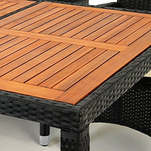 Deuba Salottino 1 Tavolo 6 Sedie impilabili in polirattan Nero e Legno di Acacia Cuscini Foderati Imbottiti Spessi 7cm