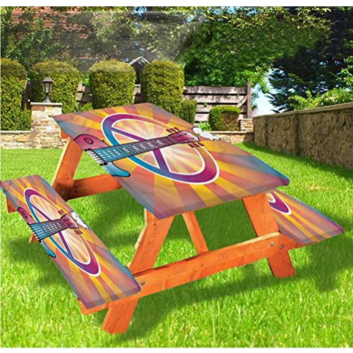 LEWIS FRANKLIN Tenda da doccia Retro Picnic Tavolo e Panchina, Tovaglia Montata, Simbolo Chitarra Pace Bordo Elastico Tovaglia, 60 x 180 cm, Set di 3 pezzi per tavolo pieghevole