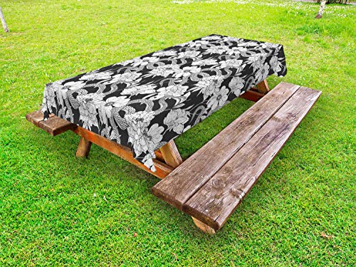 ABAKUHAUS Botanica Tovaglia da Esterno, Blooming Petali con i Serpenti, Tovaglia da Picnic Lavabile Decorativa, 145 cm x 305 cm, Charcoal Grey And White