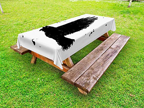 ABAKUHAUS Corvo Nero Tovaglia da Esterno, Gotico Inchiostro Schizzo Uccello, Tovaglia da Picnic Lavabile Decorativa, 145 cm x 265 cm, Charcoal Grey And White