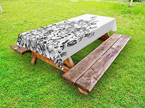 ABAKUHAUS Insetti Tovaglia da Esterno, Rose Bush e Farfalle, Tovaglia da Picnic Lavabile Decorativa, 145 cm x 305 cm, Charcoal Grey And White