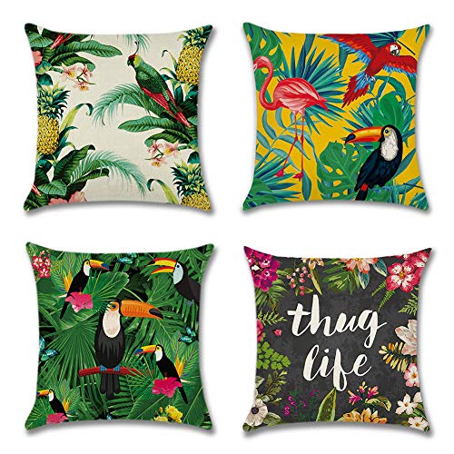 Artscope Set di 4 Federe Cuscini Divano Cotone Biancheria Gettare Decorativo Caso Federa per Cuscino Divano Auto Home Decor 45 x 45 cm (Fenicotteri con Piante Tropicali)