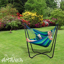 AMANKA Set Sostegno di Acciaio 175x100x155cm incl Amaca di Cotone per sedersi sdraiarsi Max 150Kg a Righe Blu Verdi