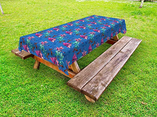 ABAKUHAUS Floreale Tovaglia da Esterno, Gigli in Fiore e Phloxes, Tovaglia da Picnic Lavabile Decorativa, 145 cm x 265 cm, Azzurro Blu Multicolor