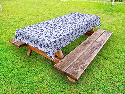 ABAKUHAUS Nautico Tovaglia da Esterno, Vari Stelle Marine Bande, Tovaglia da Picnic Lavabile Decorativa, 145 cm x 305 cm, Bianco Indigo Ceil Blu