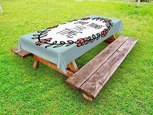 ABAKUHAUS Positività Tovaglia da Esterno, Cose richiedono Tempo, Tovaglia da Picnic Lavabile Decorativa, 145 cm x 265 cm, Almond Verde Corallo