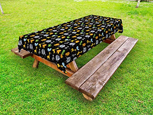ABAKUHAUS Animale Tovaglia da Esterno, Leone Giraffa Balena Zebra, Tovaglia da Picnic Lavabile Decorativa, 145 cm x 265 cm, Charcoal Grey Bianco