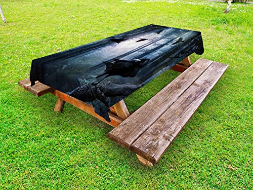 ABAKUHAUS Corvo Tovaglia da Esterno, Goth Uccelli in Woodland Gloomy, Tovaglia da Picnic Lavabile Decorativa, 145 cm x 210 cm, Charcoal Grey Blu Grigio