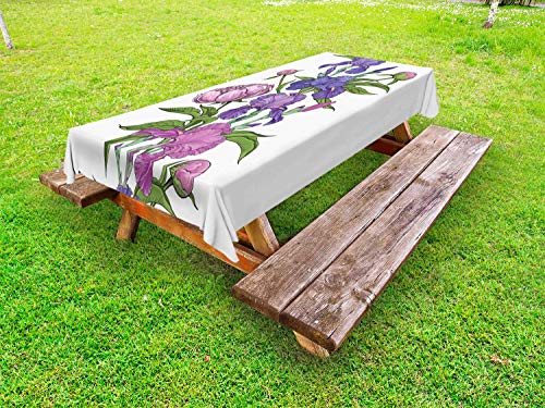 ABAKUHAUS Peonia Tovaglia da Esterno, Bouquet Naive Fiore Viola, Tovaglia da Picnic Lavabile Decorativa, 145 cm x 210 cm, Bianco Multicolor