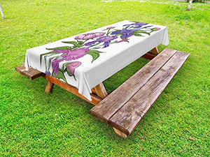 ABAKUHAUS Peonia Tovaglia da Esterno, Bouquet Naive Fiore Viola, Tovaglia da Picnic Lavabile Decorativa, 145 cm x 210 cm, Bianco Multicolor