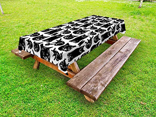 ABAKUHAUS Amante dei Gatti Tovaglia da Esterno, Ritratti a Tema Kitty, Tovaglia da Picnic Lavabile Decorativa, 145 cm x 210 cm, Charcoal Grey Bianco