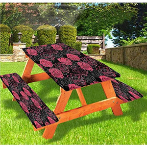Tovaglia da tavolo e panchina con motivo floreale e rose Blooom Art con bordo elastico, 60 x 72 cm, set da 3 pezzi per campeggio, sala da pranzo, all'aperto, parco, patio