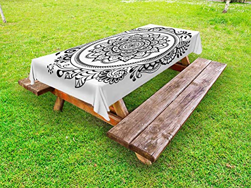 ABAKUHAUS Etnico Tovaglia da Esterno, Monochrome Mandala Motif, Tovaglia da Picnic Lavabile Decorativa, 145 cm x 210 cm, Charcoal Grey And White