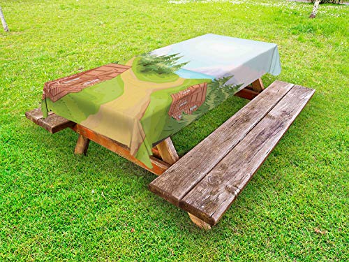 ABAKUHAUS Log Cabin Tovaglia da Esterno, Country Village Fumetto, Tovaglia da Picnic Lavabile Decorativa, 145 cm x 305 cm, Baby Blue e Multicolore