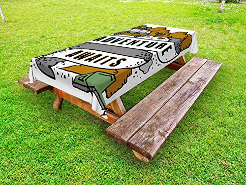 ABAKUHAUS Detto Tovaglia da Esterno, Camping Van Doodle Grafico, Tovaglia da Picnic Lavabile Decorativa, 145 cm x 305 cm, Caramello Grigio Bianco