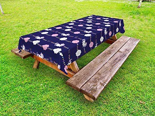 ABAKUHAUS Cartone Animato Tovaglia da Esterno, Unicorn Partito Bandiere Nuvole, Tovaglia da Picnic Lavabile Decorativa, 145 cm x 210 cm, Indigo Multicolor