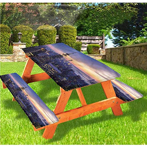 LEWIS FRANKLIN Tenda da doccia moderna per tavolo da picnic e panchina, tovaglia con bordo elastico, motivo skyline tramonto, 60 x 72 cm, set da 3 pezzi per tavolo pieghevole