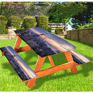 LEWIS FRANKLIN Tenda da doccia moderna per tavolo da picnic e panchina, tovaglia con bordo elastico, motivo skyline tramonto, 60 x 72 cm, set da 3 pezzi per tavolo pieghevole