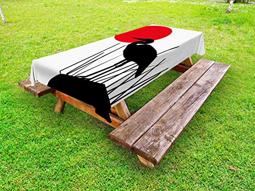 ABAKUHAUS Silhouette Tovaglia da Esterno, Heron Bird on Giapponese, Tovaglia da Picnic Lavabile Decorativa, 145 cm x 305 cm, Carbonella Grey Vermilion