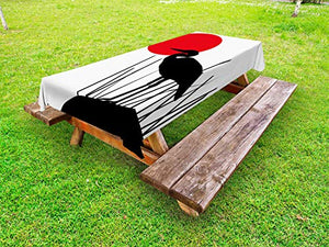 ABAKUHAUS Silhouette Tovaglia da Esterno, Heron Bird on Giapponese, Tovaglia da Picnic Lavabile Decorativa, 145 cm x 305 cm, Carbonella Grey Vermilion