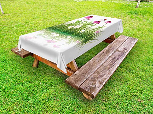 ABAKUHAUS Floreale Tovaglia da Esterno, Giardino Fiori ed Erba, Tovaglia da Picnic Lavabile Decorativa, 145 cm x 265 cm, Rosa Verde e Bianco