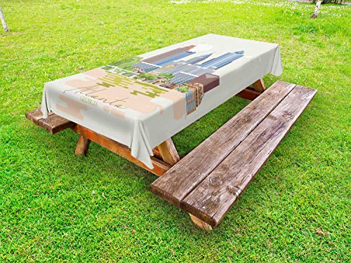 ABAKUHAUS Georgia Tovaglia da Esterno, Grafica di City Silhouette, Tovaglia da Picnic Lavabile Decorativa, 145 cm x 265 cm, Ivory Multicolor