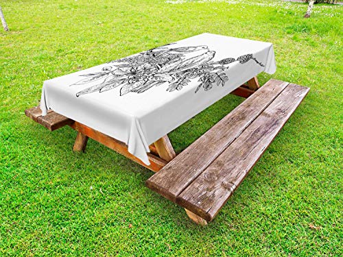 ABAKUHAUS Schizzo Tovaglia da Esterno, Rami di Fiori, Tovaglia da Picnic Lavabile Decorativa, 145 cm x 265 cm, Charcoal Grey And White