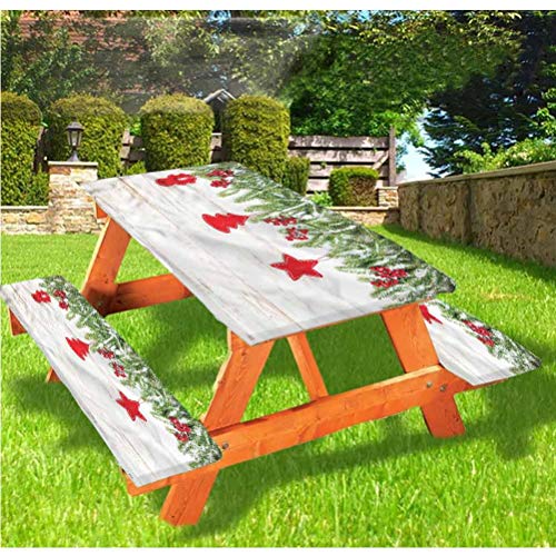 LEWIS FRANKLIN Tenda da doccia natalizia per tavolo da picnic e panchina, tovaglia montata con bordo elastico, 60,5 x 175,5 cm, set da 3 pezzi per tavolo pieghevole