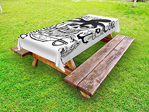 ABAKUHAUS Vintage Tattoo Nautical Tovaglia da Esterno, Fumatore di Pipa Skull, Tovaglia da Picnic Lavabile Decorativa, 145 cm x 210 cm, Charcoal Grey And White